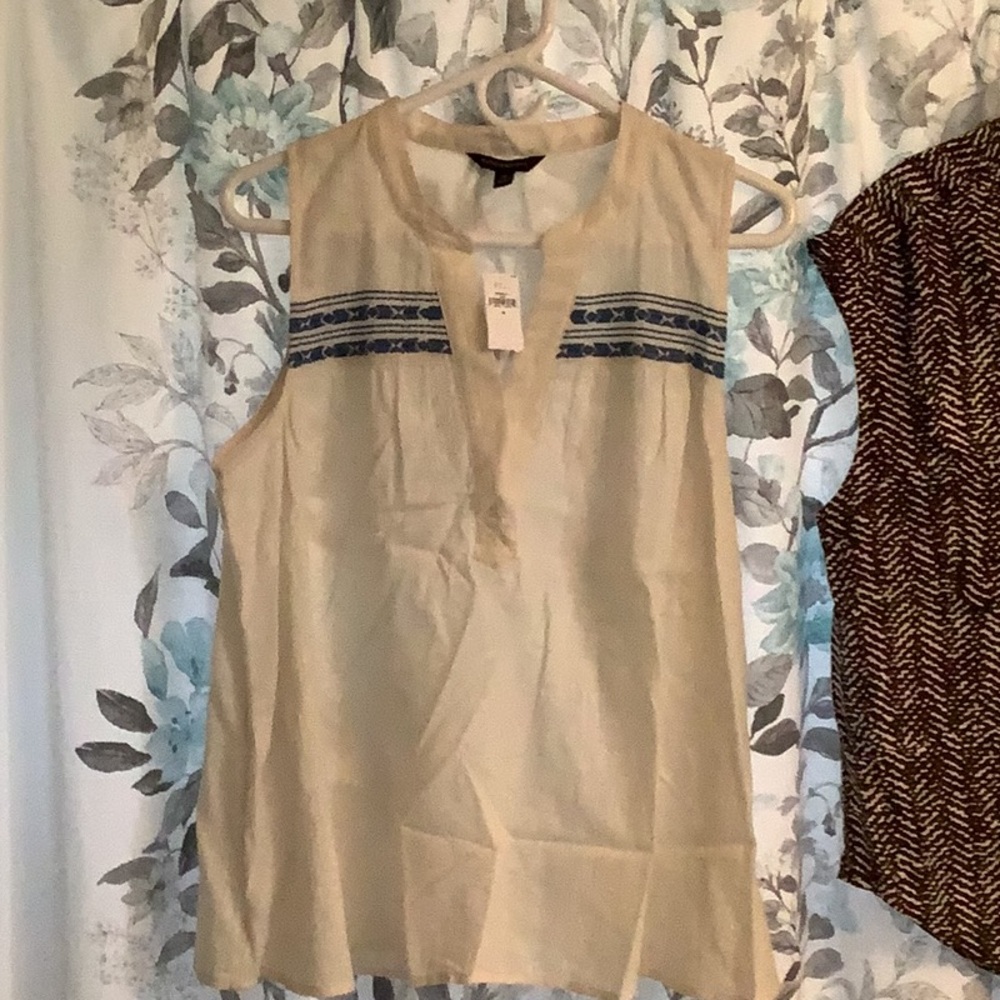 Sleeveless Beige Top with Blue Accents